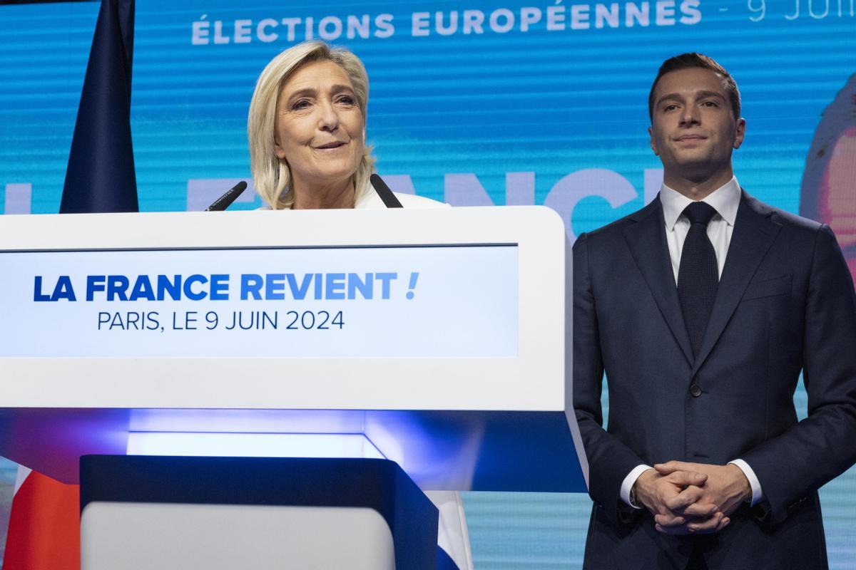 Frances National Rally Marine Le Pen addresses supporters after the European elections