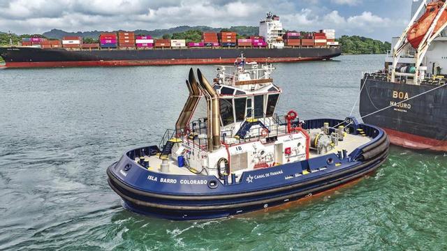 El remolcador «Isla Barro Colorado», fabricado por Armón en Navia y entregado en 2025, operando en el Canal de Panamá.    | AUTORIDAD DEL CANAL DE PANAMÁ