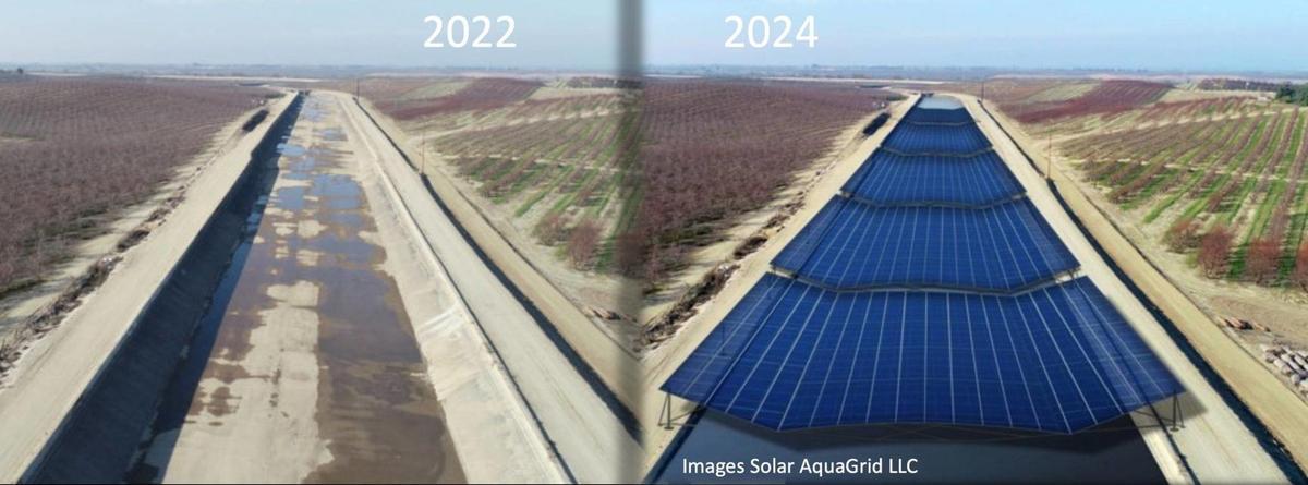Recreación de un canal californiano antes y después de instalar paneles solares.