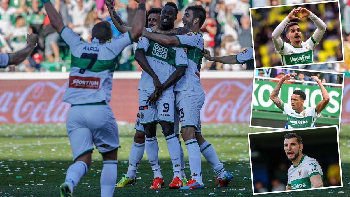 Boakye celebra su gol al Getafe y en las imágenes anexas, los tres delanteros actuales del Elche