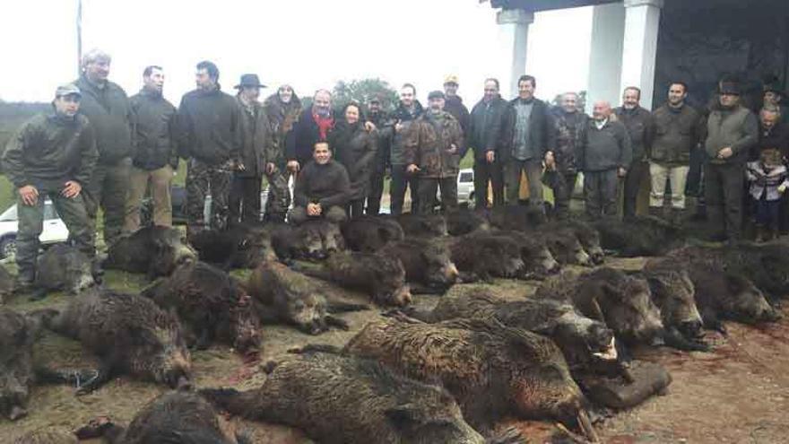 Monteros junto a los verracos abatidos en Peñausende.