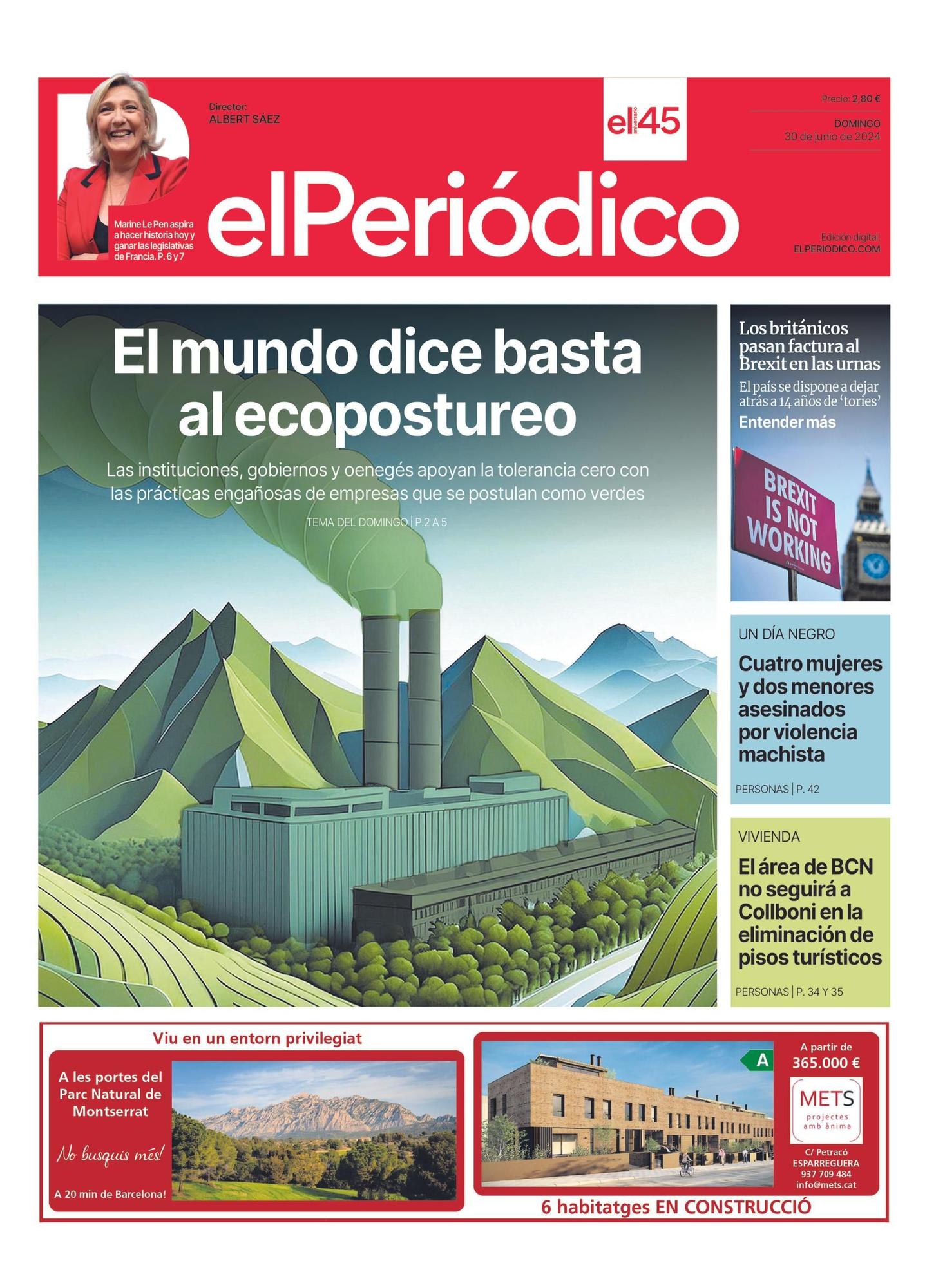 La portada de EL PERIÓDICO del 30 de junio de 2024