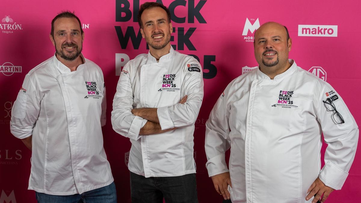 Los padrinos y embajadores de la Foodie Black Week Barcelona 2025: los chefs Arnau París, Jordi Lloberol (Casa Güell) y Jordi Esteve (Nectari).