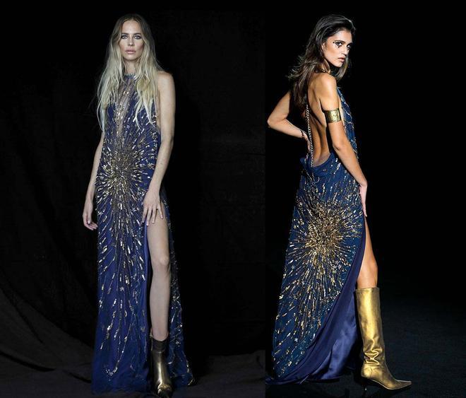 Vestido de alta costura azul y dorado de Malne