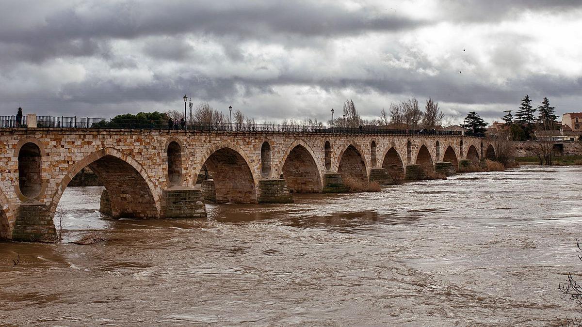 El río Duero, con aspecto turbio, a su paso por la capital zamorana en el entorno del Puente de Piedra.