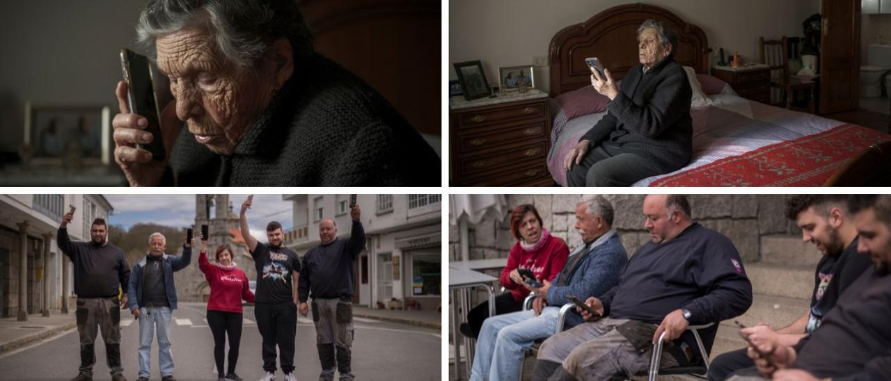 María Álvarez, de 94 años, con el móvil en su domicilio. Debajo, un grupo de vecinos con sus teléfonos, en la calle principal de San Xoán de Río.