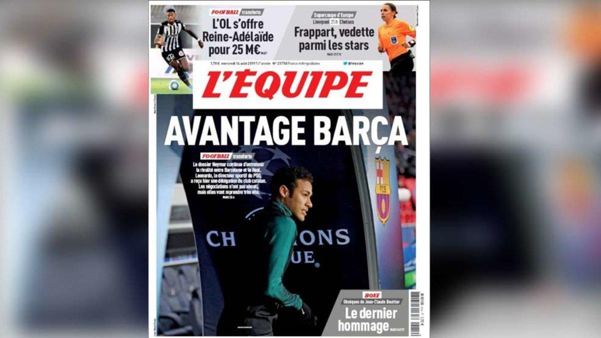 La portada de 'L'Equipe' con Neymar y el Barça de protagonistas