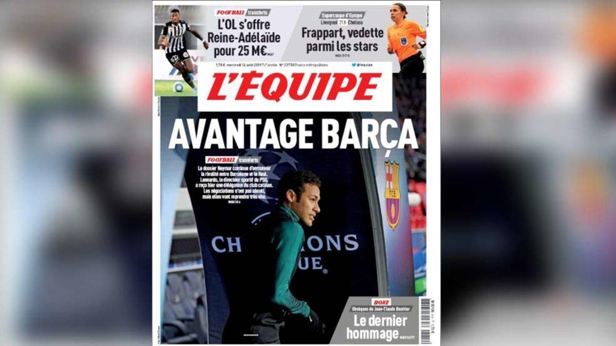 La portada de LEquipe con Neymar y el Barça de protagonistas