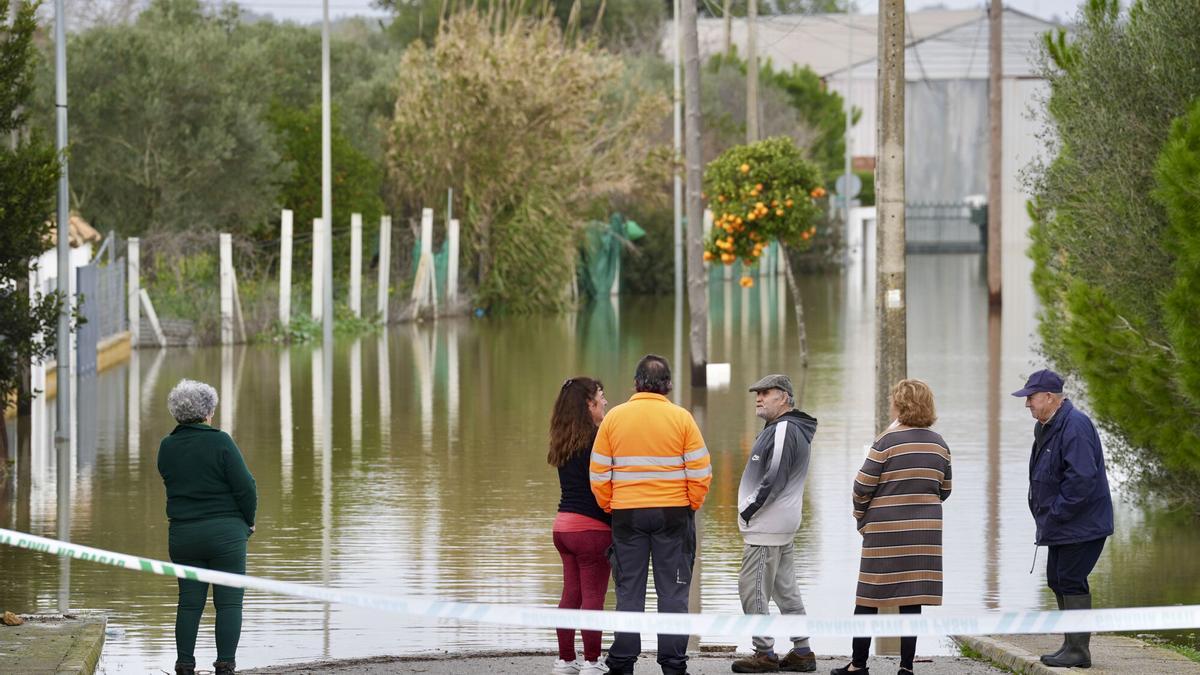Varios vecinos conversan junto a un área inundada en la zona rural de las Pachecas, en Jerez de la Frontera (Cádiz) por el desbordamiento del río Guadalete.