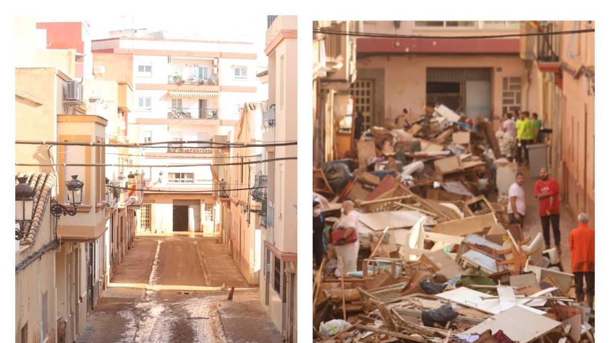 Antes y después en una calle de Paiporta.