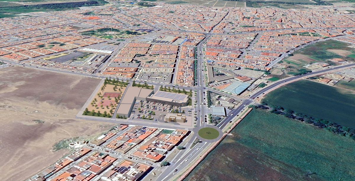 Vista aérea con recreación de la zona que ocupará el nuevo parque comercial en Palma del Río.