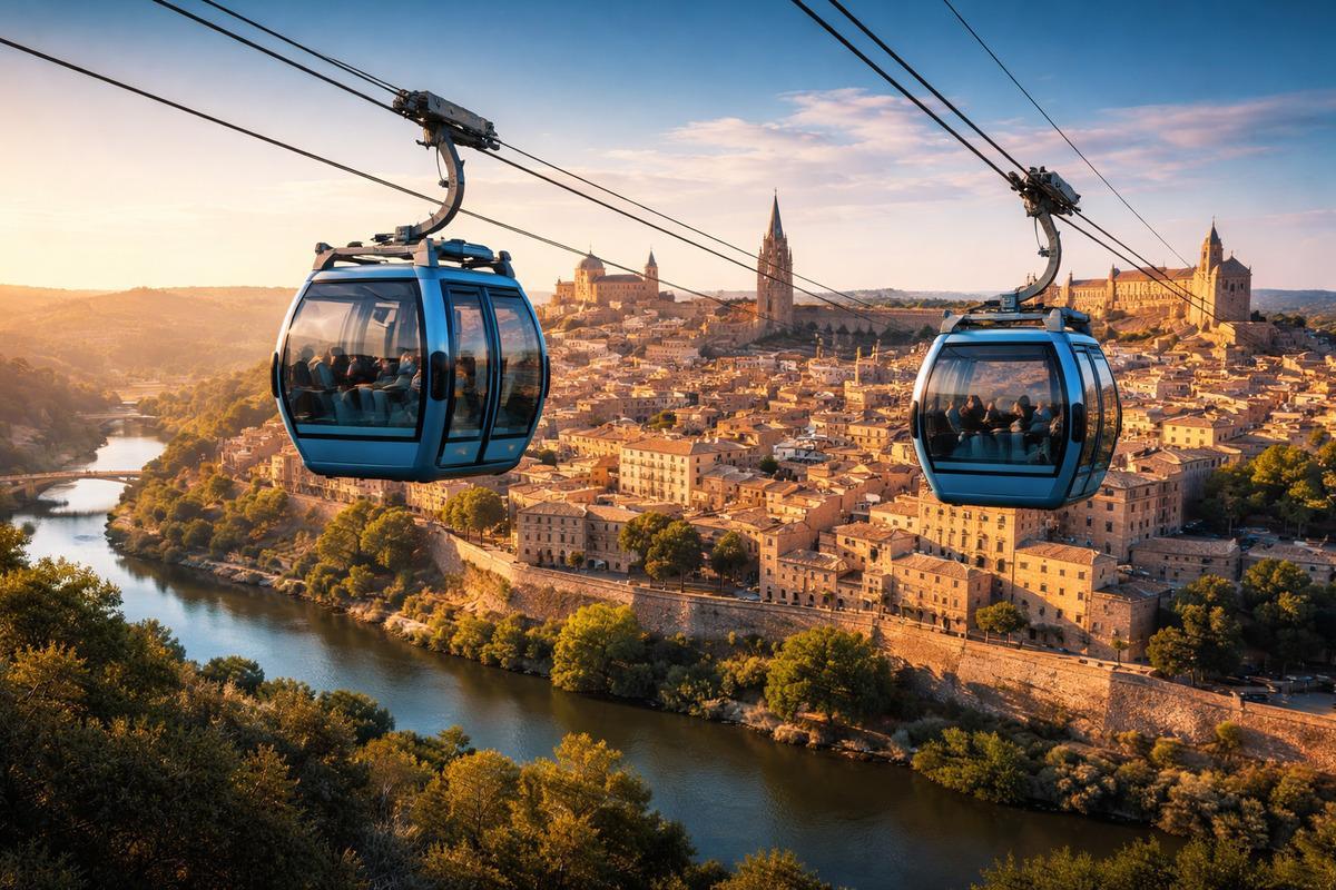 Recreación elaborado con IA sobre cómo quedarían integrados los teleféricos en la ciudad, con el Casco Histórico de fondo