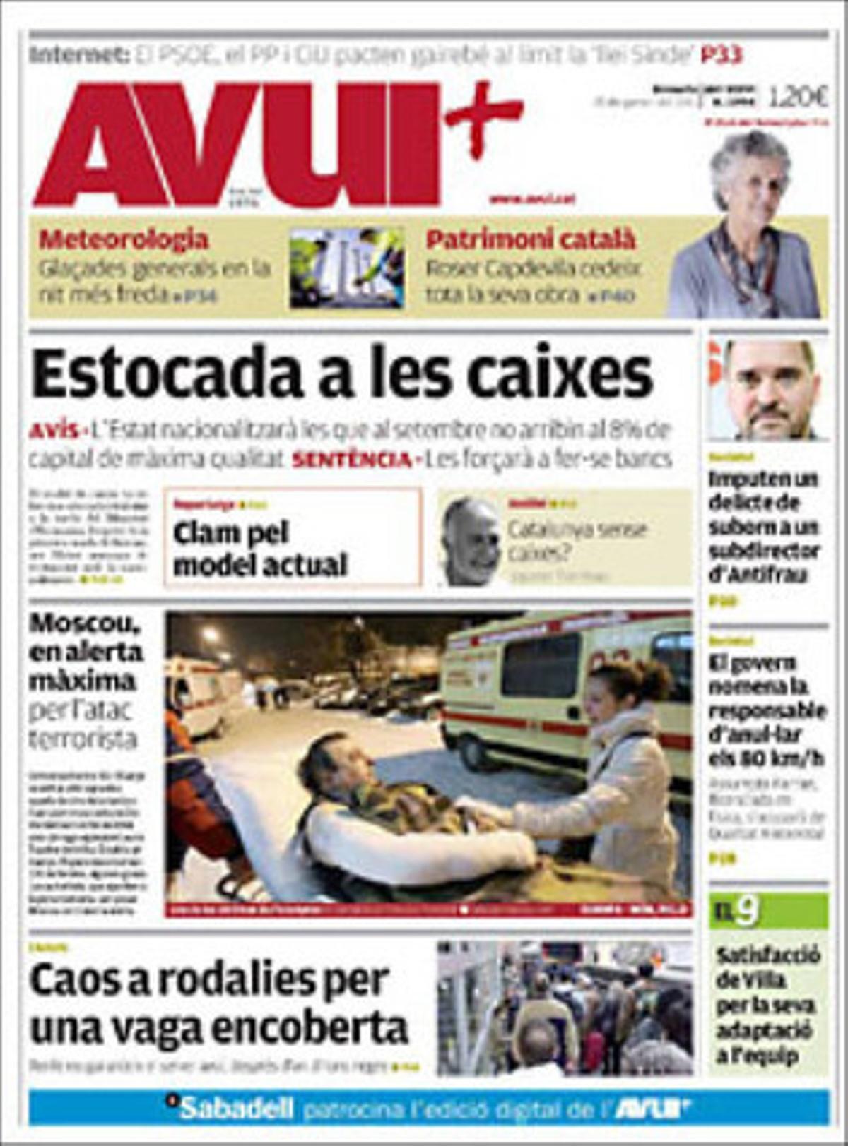 ’Avui’ dóna rellevància també al fet que el jutge Juli Solaz deixa, després de 22 anys, el Jutjat d’instrucció número 30 de Barcelona deixant només 36 casos oberts, inclòs el de l’espoliació del Palau de la Música; que els ’lands’ rics d’Alemanya --Baviera, Baden-Württemberg i Hessen-- porten al Tribunal Constitucional el sistema de finançament federal, i que el conseller Lluís Recoder nomena la directora general de Qualittat Ambiental, que haurà d’eliminar els 80 km/h, Assumpta Farran.