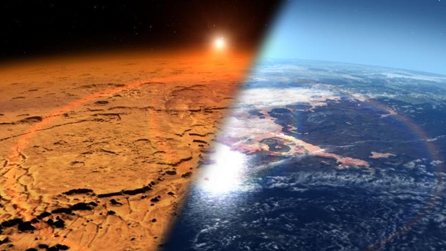 Recreación artística del pasado de Marte cubierto de grandes lagos y masas de agua