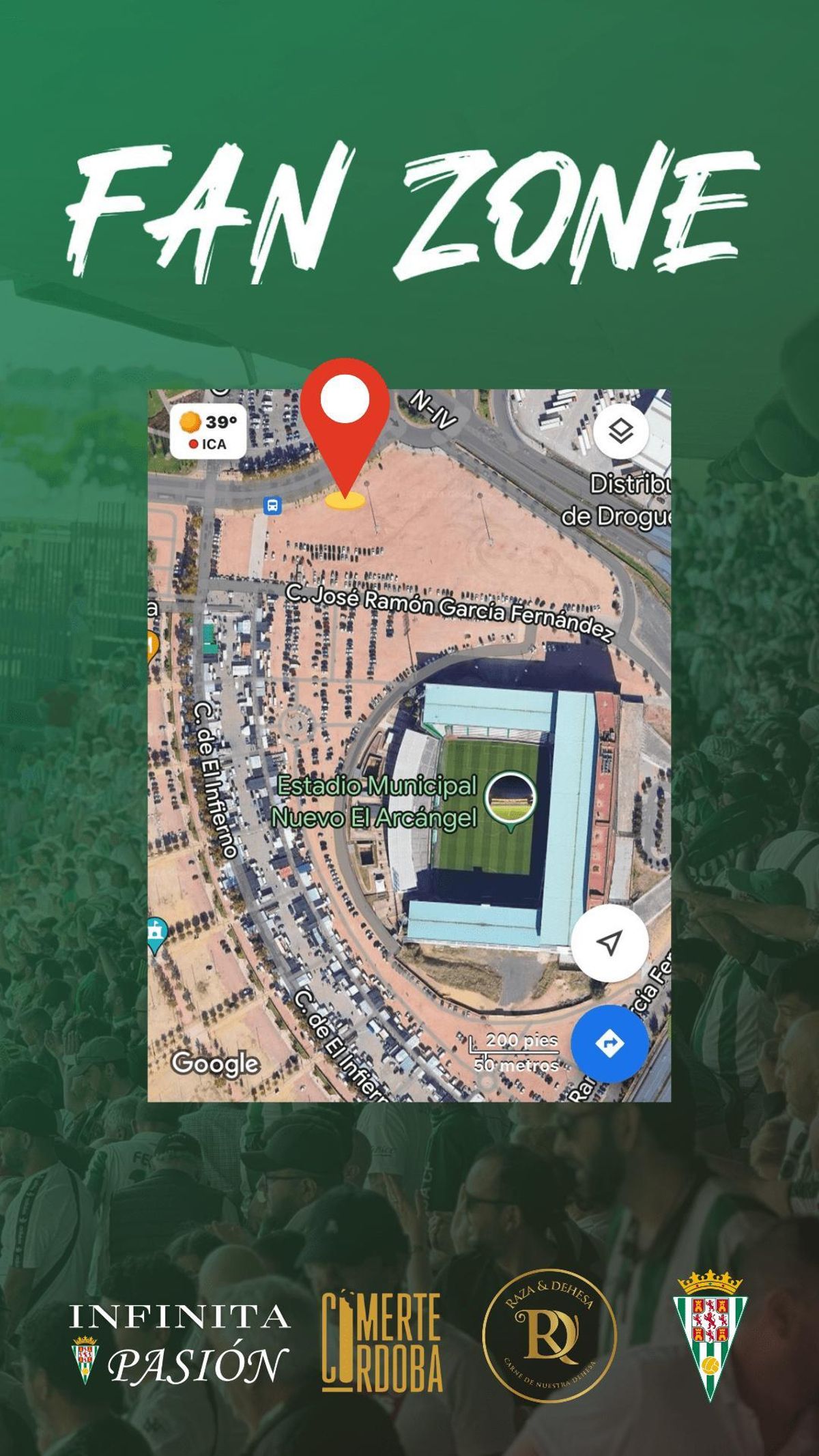 Ubicación de la 'fan zone' del Córdoba CF en la previa del choque ante la Ponferradina.
