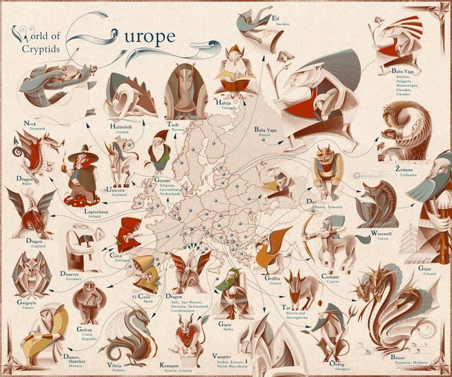 Mapa de las criaturas mitológicas de Europa