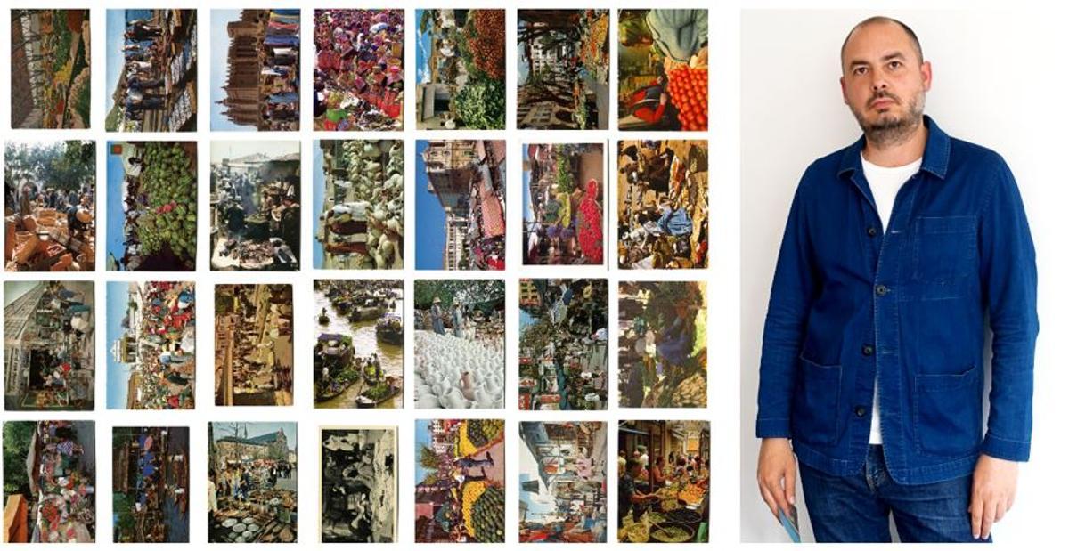 Un dels mosaics formats per postals de la col·lecció que Oriol Vilanova (a la dreta) ha anat construïnt al llarg dels anys