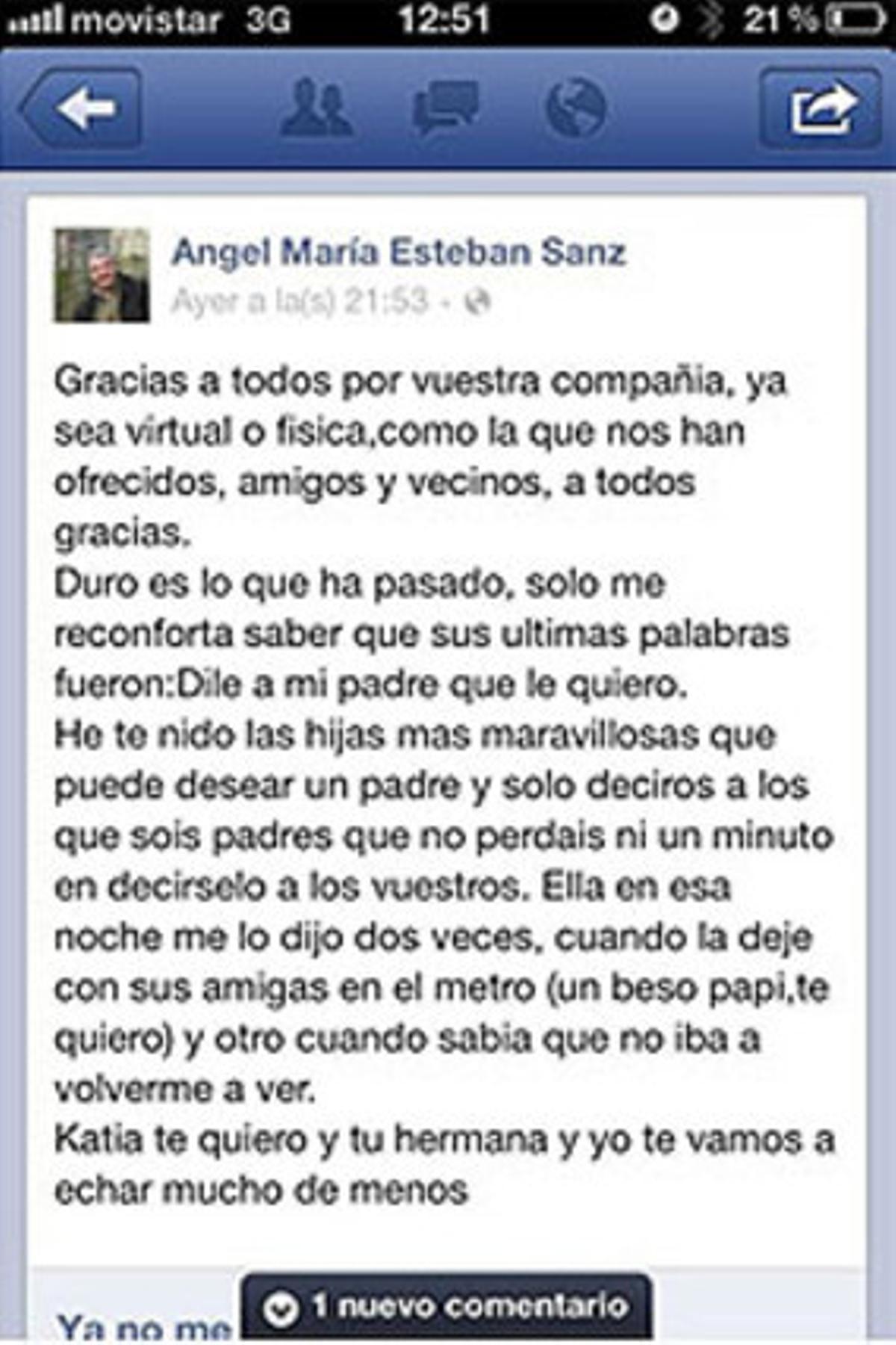 Mensaje de Angel María Esteban Sanz que circula por Twitter.