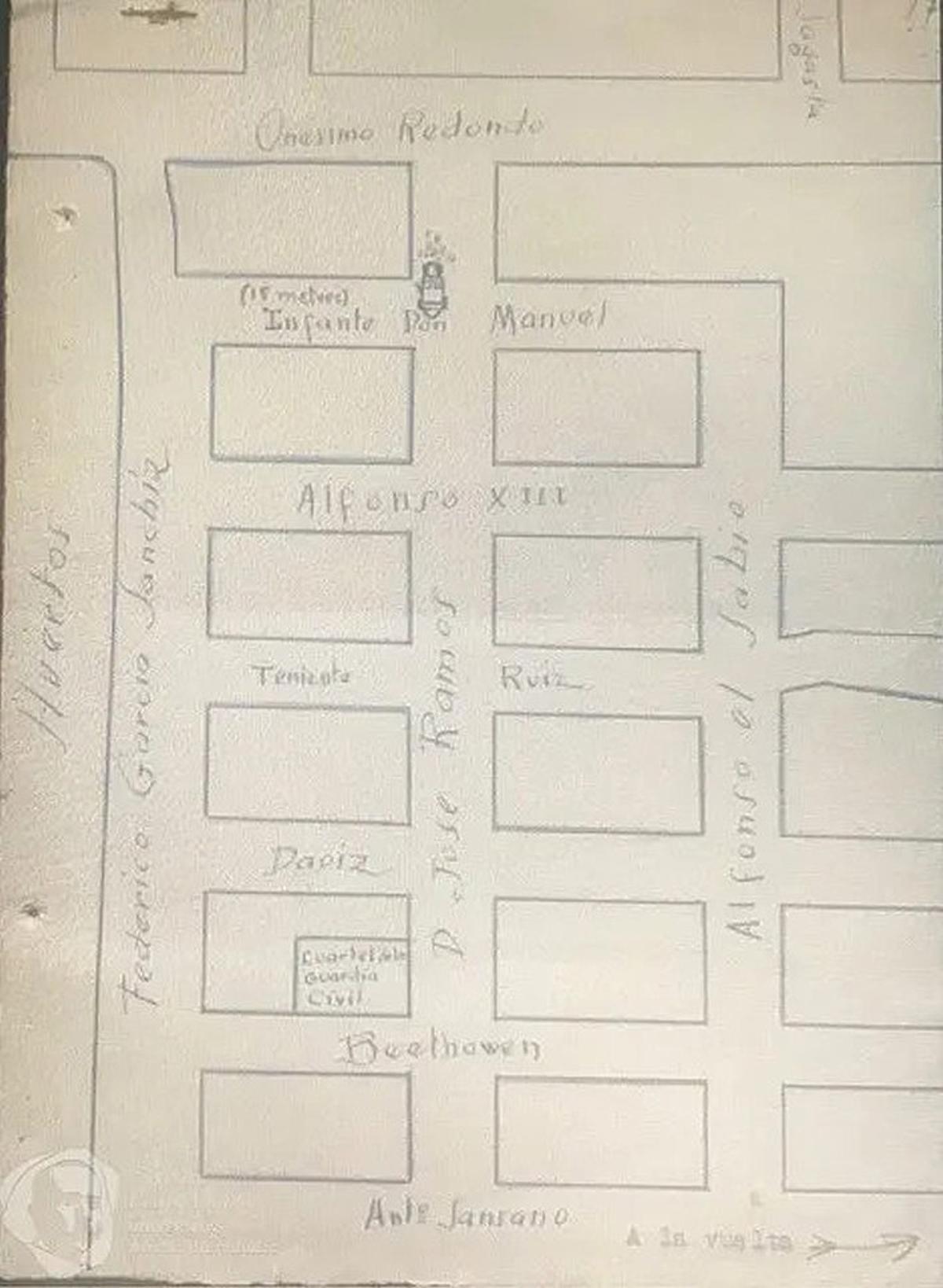 Domingo Fernández González, su carnet de presentaciones, y los croquis de la Guardia Civil sobre la huida y sobre del coche del que escapó ya detenido. | CÁTEDRA PEDRO IBARRA DE LA UMH