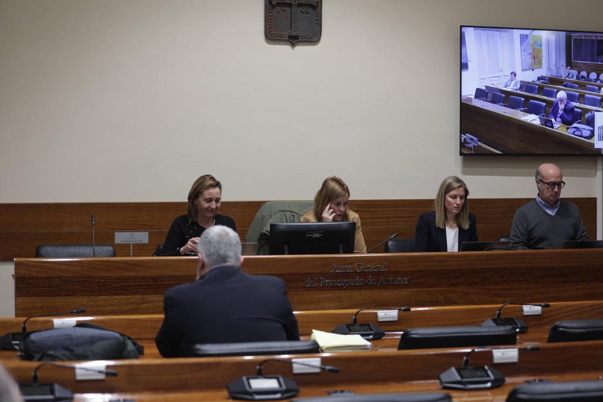 Los integrantes de la Mesa de la comisión de investigación, con la letrada de la Junta, durante la espera por el facultativo, con su silla vacía a la izquierda..