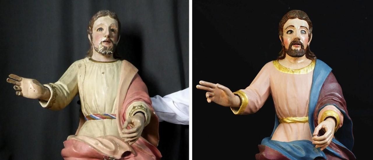 La talla de Jesús antes y después de la restauración.