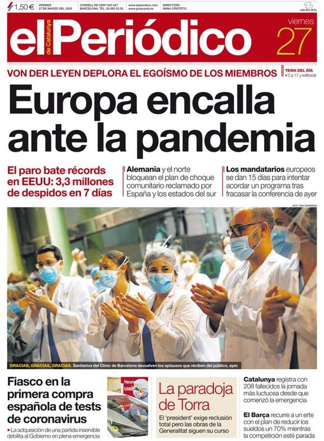  La portada de EL PERIÓDICO del 27 de marzo del 2020.