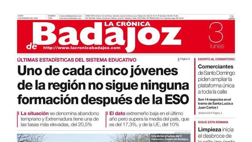 Esta es la portada de LA CRÓNICA DE BADAJOZ correspondiente al día 3 de febrero del 2020