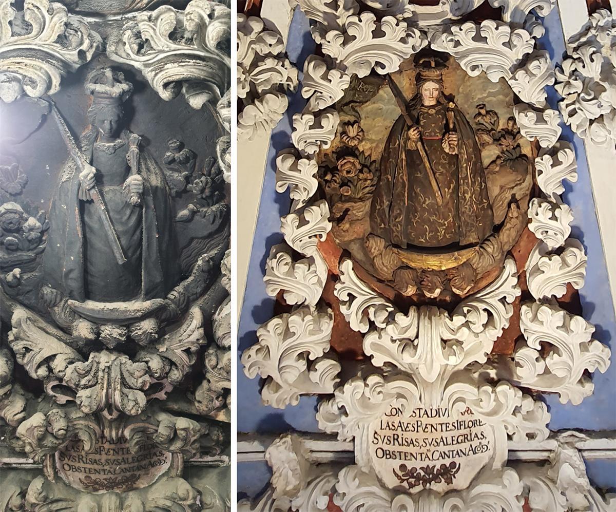 Una de las imágenes de la Virgen de la Aurora, con la cartela con coplillas populares, antes y después de los trabajos de restauración.
