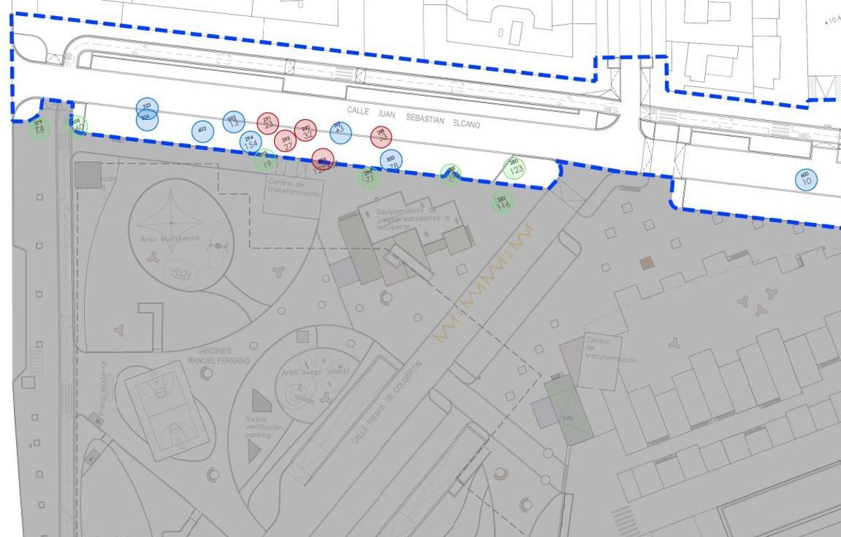 Mapa de la intervención en los Jardines Manuel Ferrand. Cinco árboles se aperarán, ocho se trasplantarán, y siete se mantendrán