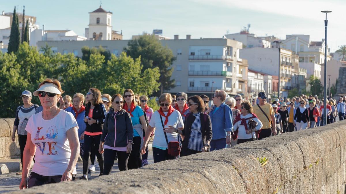 Caminata de los mayores, ayer, por el Puente Romano de Mérida.