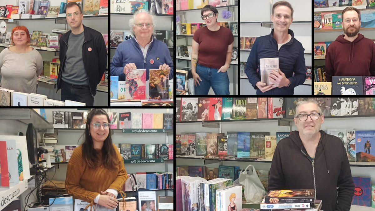 Arriba: Iria Beiroa y Roi Rivera, de Aenea; Antón Pedreira, de Pedreira; Alba Carballal, de Plasson e Bartleboom - Libros del KO;  Mateo Diego Prada, coautor de ‘Balneario’ y Juan Rodríguez, de Galgo Azul. Abajo: Andrea Cores, de La Casa del Libro, y Santi Navia, de A Gata Tola.