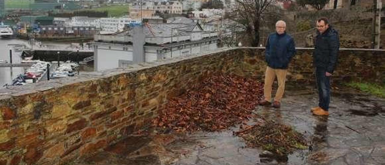 Arriba, Valentín López y Francisco Martínez, en otra de las vías llenas de verdín. Sobre estas líneas, restos de hojas sin limpiar en el parque de El Pelamio, y en el círculo, estado de la fuente da Ribeira.