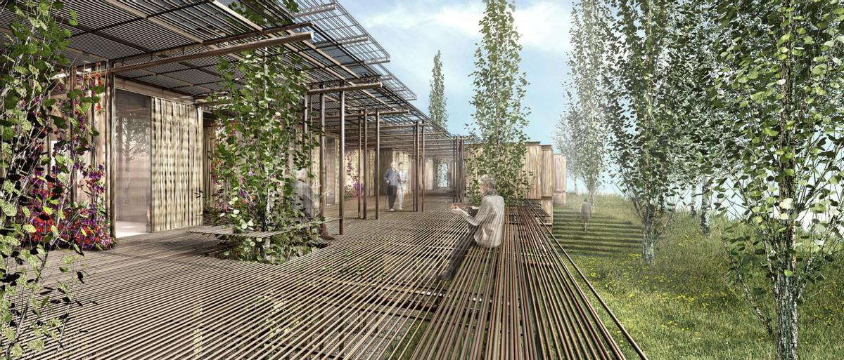 Terrassa de la nova residència d’Ampans, on es veu perfectament la integració que es busca entre l’edifici i la natura