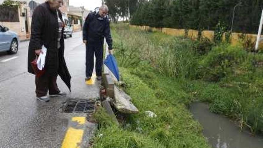 Los dirigentes vecinales muestran el tramo sin acera pegado al arroyo y en muy mal estado.