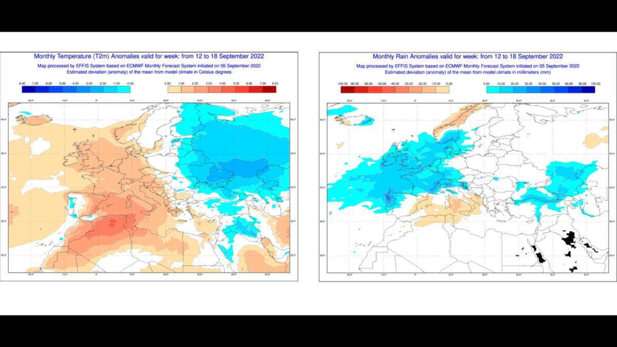 Anomalías de temperatura (izquierda) y lluvias (derecha) para la semana del 12 al 18 de septiembre