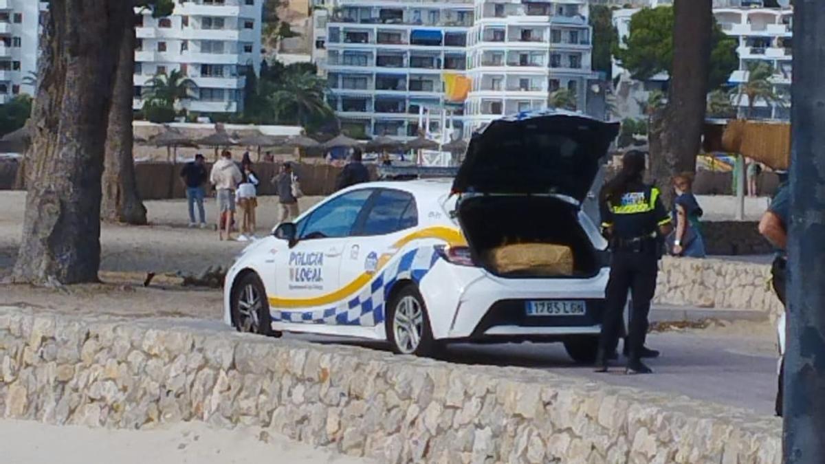 Eine Beamte der Ortspolizei verlädt in Santa Ponça ein Haschisch-Pakete im Polizeiwagen.