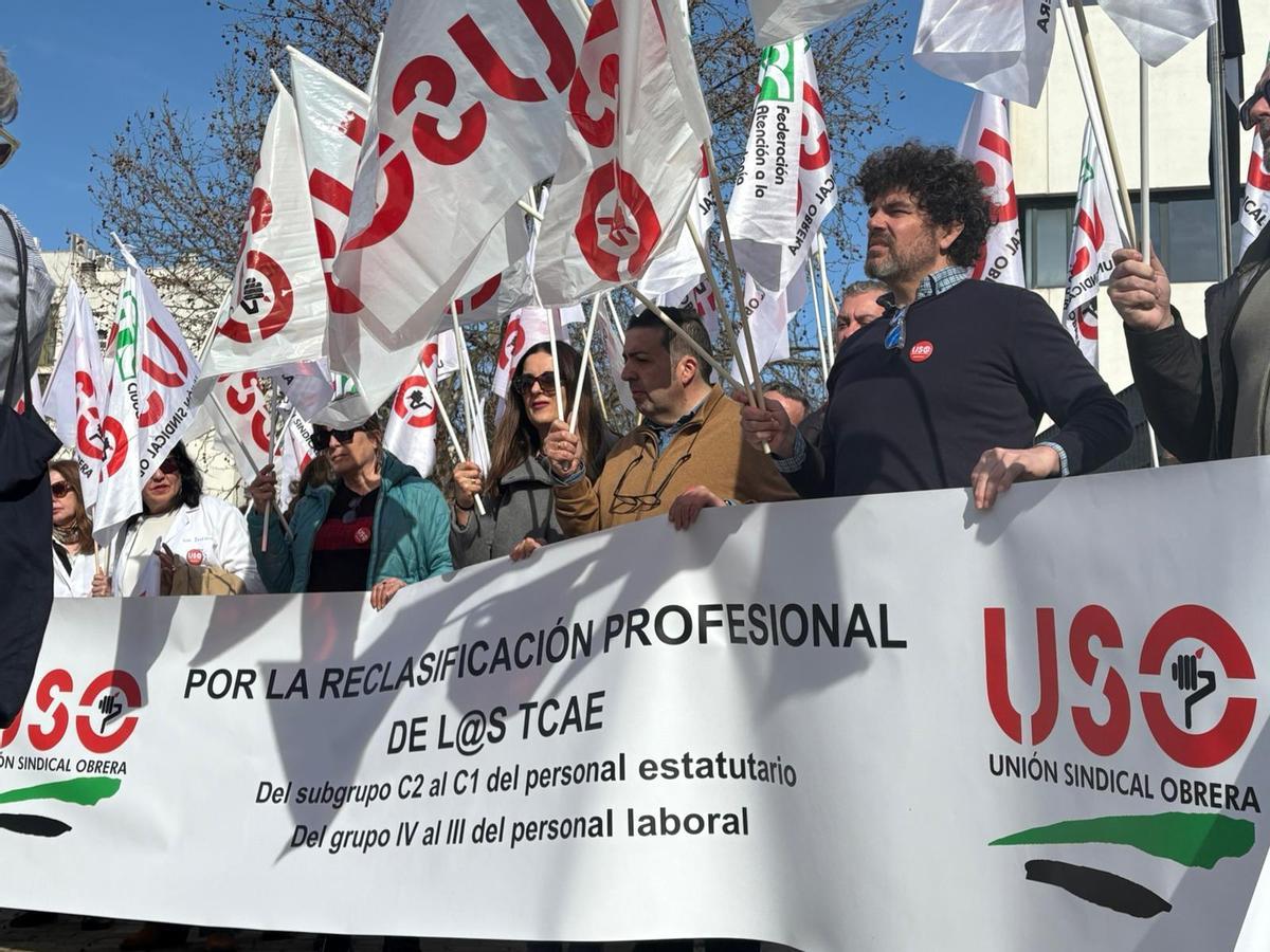 Protesta organizada por el sindicato USO esta mañana en Mérida.
