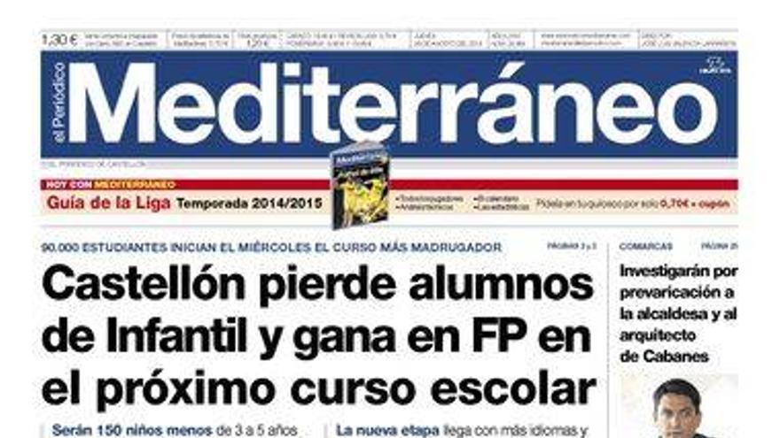 &#039;Castellón pierde alumnos de Infantil y gana en FP en el próximo curso escolar&#039;, en la portada de El Periódico Mediterráneo