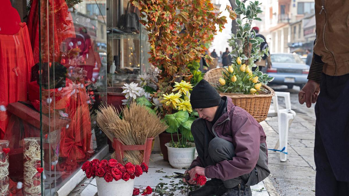 Un vendedor quita las espinas de las rosas en Kabul.