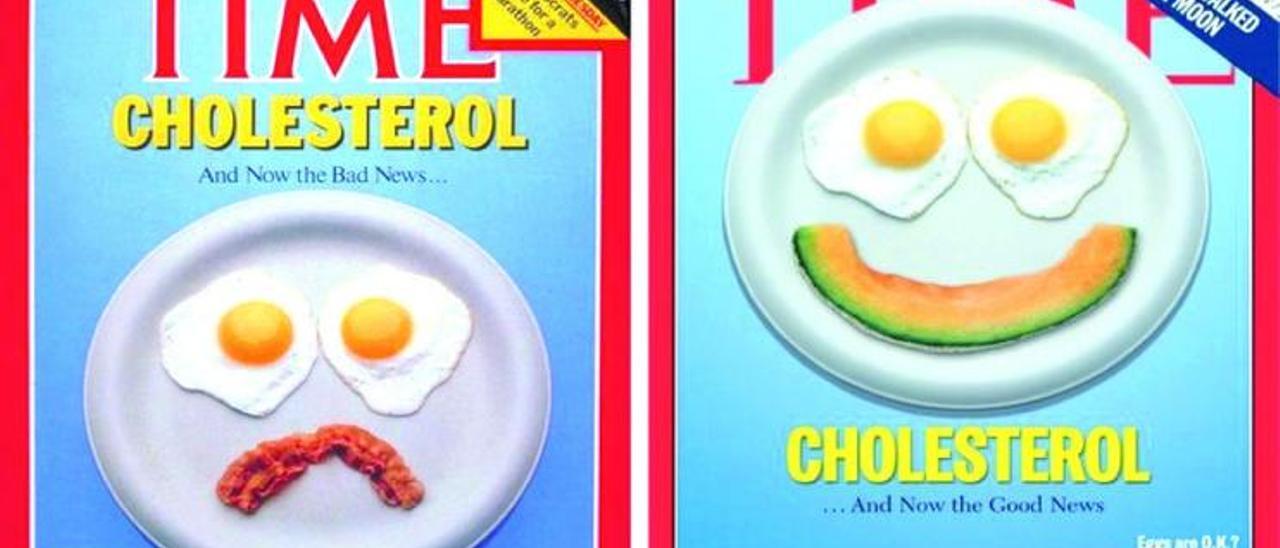 Portadas de la revista “Time” de 1984 (izda.) y 1999 que ilustran la evolución de la evidencia científica sobre los huevos y el colesterol.   | // TIME