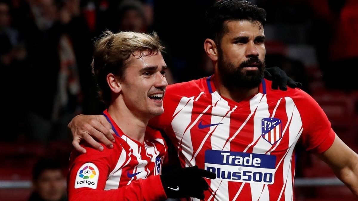 Costa y Griezmann celebran un gol del Atlético ante el Leganés