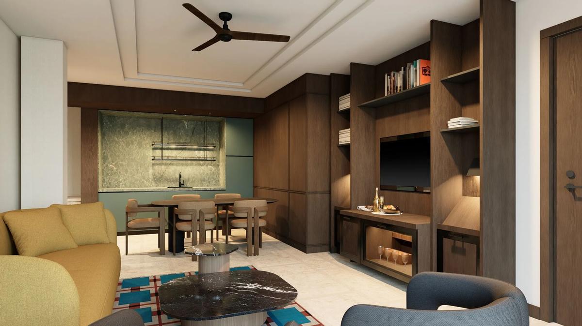 Sala de estar de la suite con terraza del hotel Thompson Sevilla.