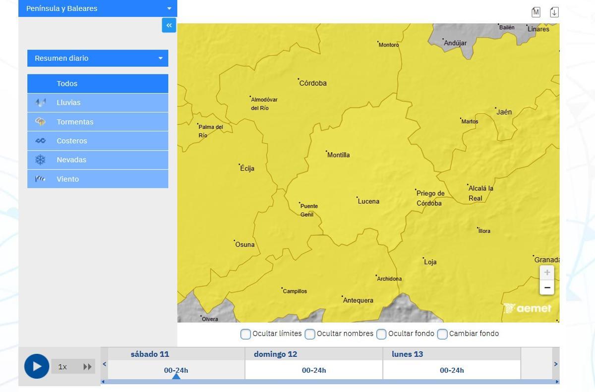Aviso amarillo de la Aemet en toda la provincia de Córdoba para hoy sábado, 11 de abril.