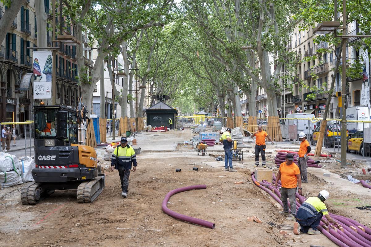 Obras en la parte central de las Ramblas