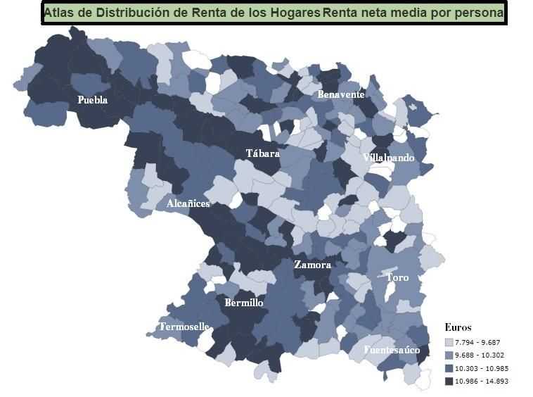 En más oscuro las zonas más ricas, en claro las más pobres de Zamora