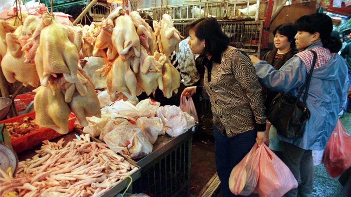 Mujeres chinas compran pollo en un mercado.