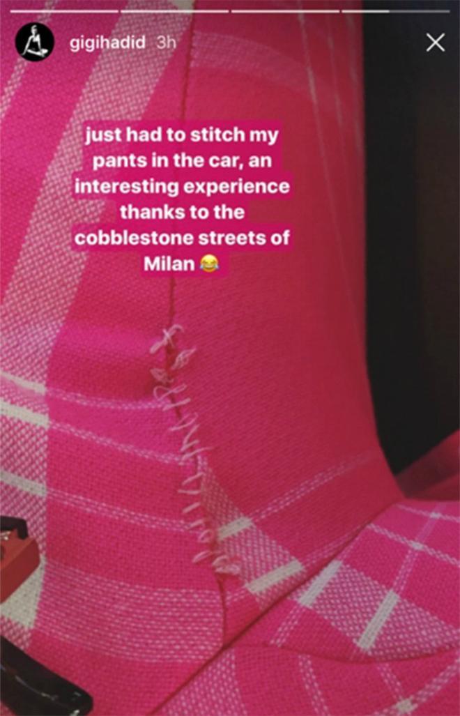 Gigi Hadid tiene que coser sus pantalones antes del desfile de Fendi en Milán