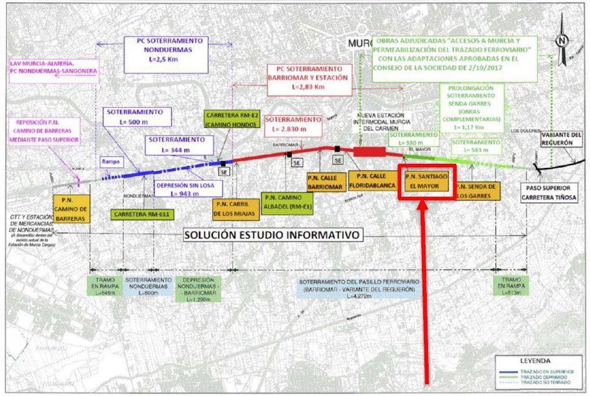 Plano del soterramiento previsto en Murcia en el barrio de Santiago El Mayor del año 2019.
