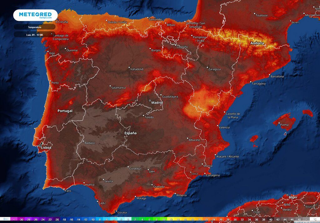 En la jornada del lunes, gran parte de las depresiones interiores del suroeste peninsular podrían superar, llegado el mediodía, los 42 ºC.