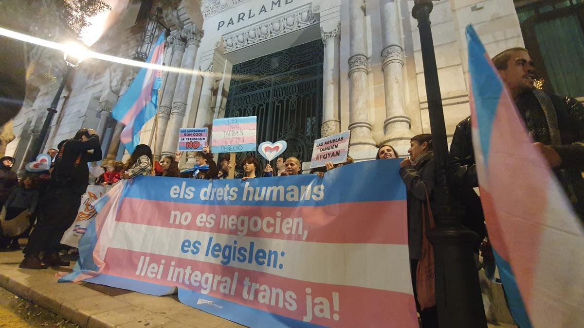 Más de una decena de entidades se han concentrado con pancartas y banderas trans frente al Parlament balear.